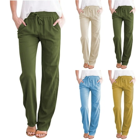 ATOYSOY Women's Workout Loose Trousers Casual Cotton Lined Pants Pockets Solid Color Lounge Pants Summer Retro Clearance Sports Activewear Elastic Waist Drawstring Green L