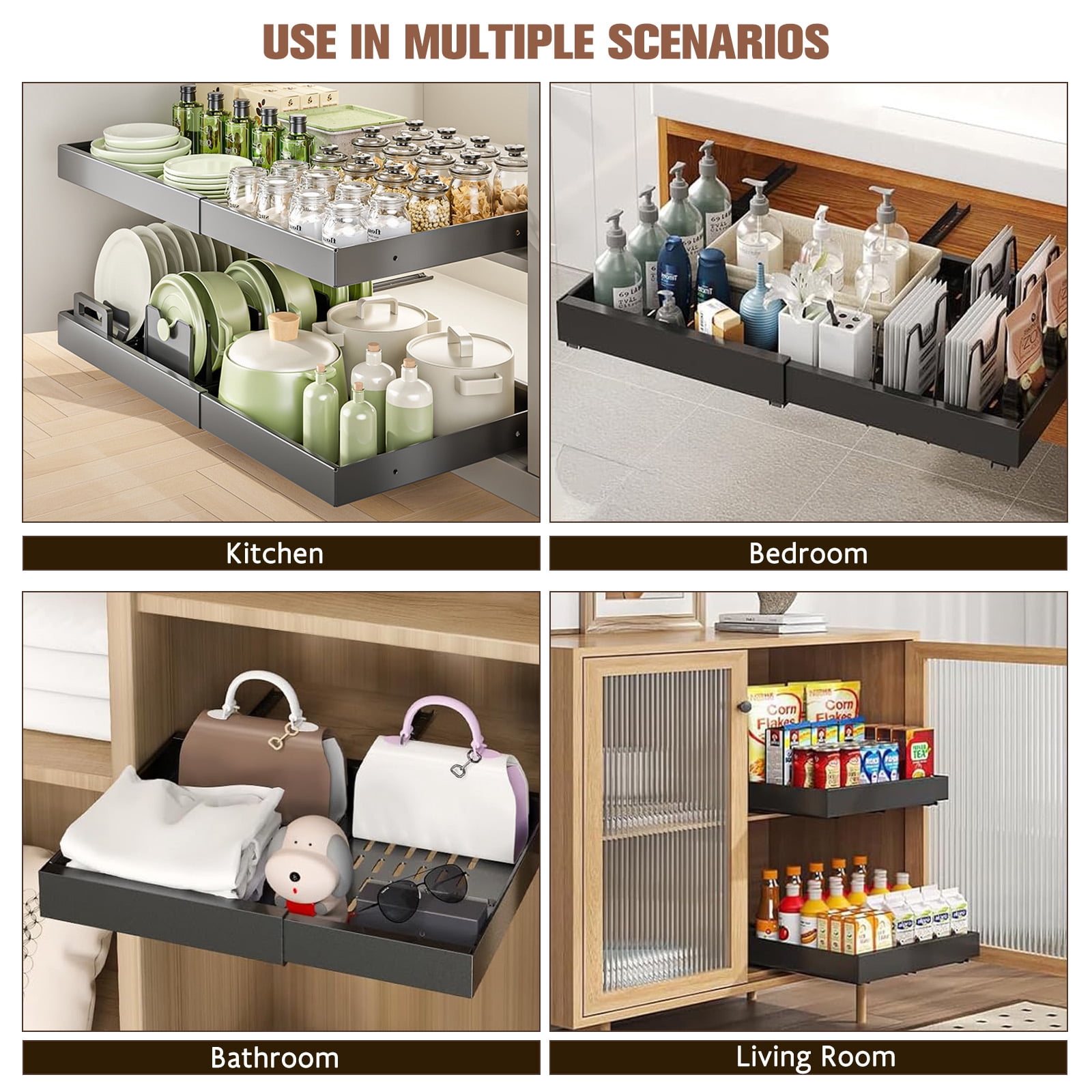 2PCS Expandable Pull-Out Cabinet Organizer with Adhesive Nano Film Fixed Slide out Drawers Under Sink Pull-Out Home Organizers Adjustable Length 12.5"-20.5" for Kitchen Cabinets(Black)