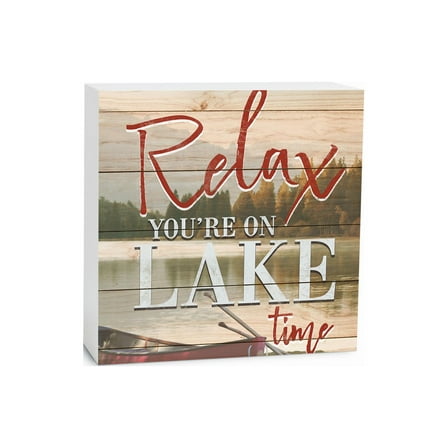 Relax Lake Time Green Waterscape Canoe 5 x 5 Wood Tabletop Sign Plaque