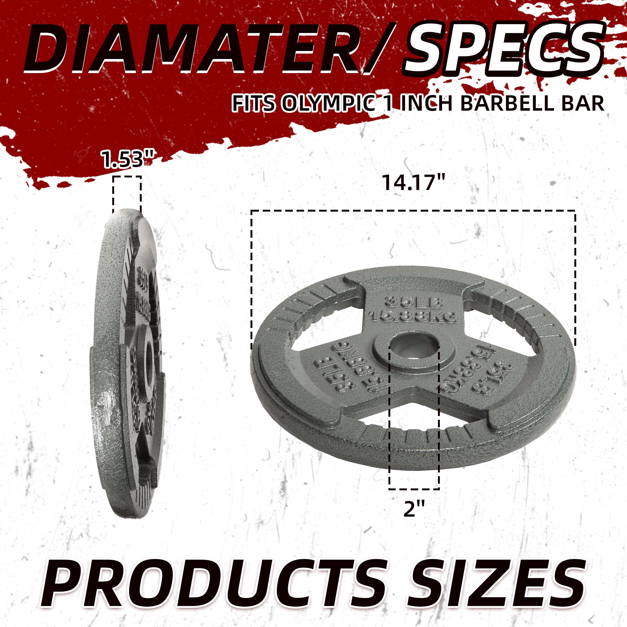 Signature Fitness 35LB Cast Iron Olympic Weight Plate, Single Plate, 2-Inch Center Hole, 3-Grip Design, Light Gray with Raised Lettering