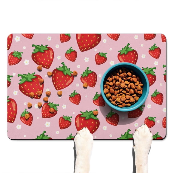 Painted Strawberry Pet Food Mat - Waterproof Non-Slip Dog Bowl Mat with Cartoon Berries