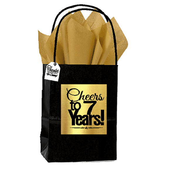 Black & Gold 7th Birthday / Anniversary Cheers Themed Small Party Favor Gift Bags with Tags -12pack