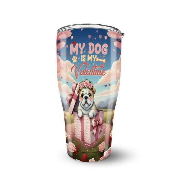 My Dog Is My Valentine Cute Bulldog in Gift Box 30oz Stainless Steel Tumbler Insulated Cup with Lid Dog Lover Gifts Idea - 3006