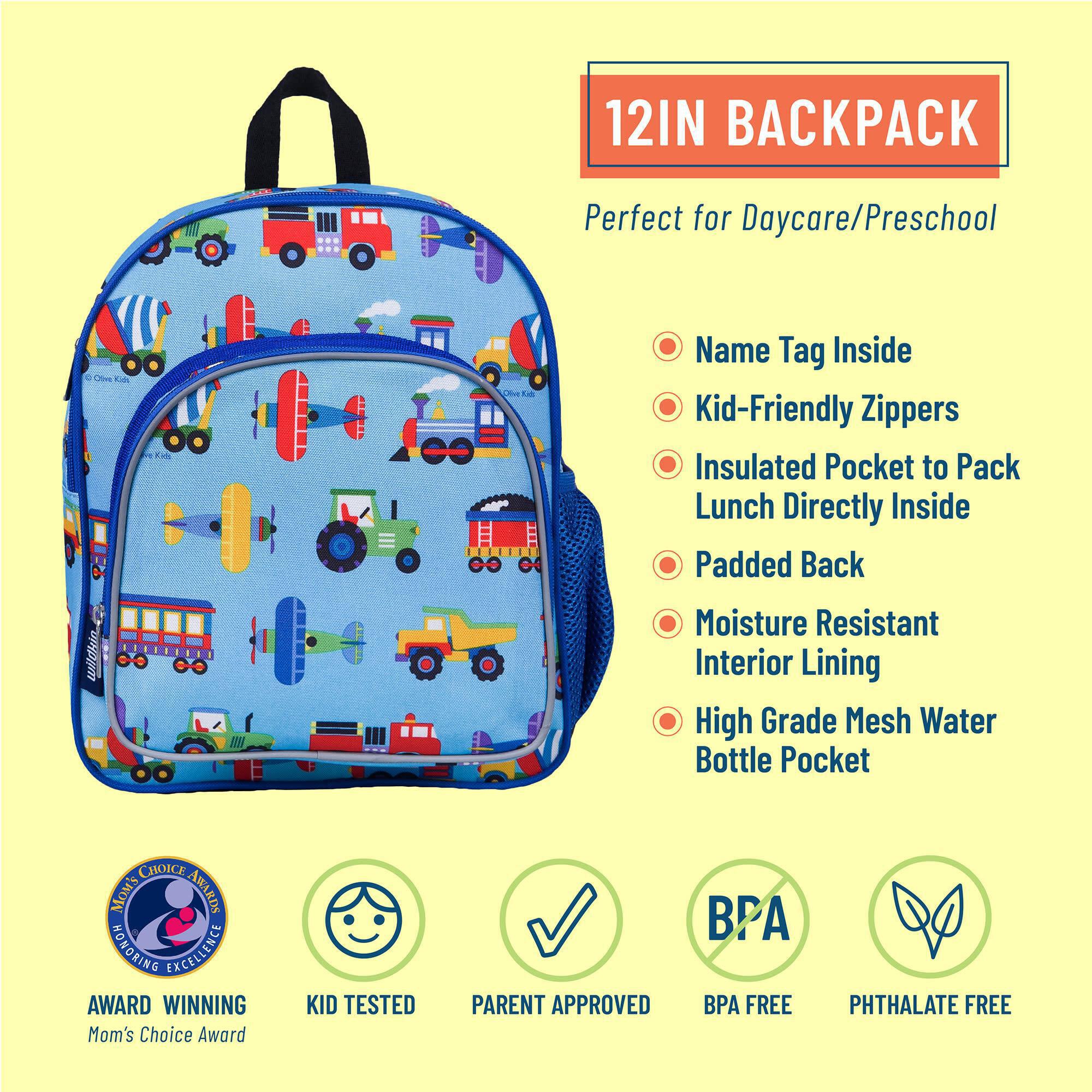 Wildkin Kids 12 Inch Backpack for Toddler Boys and Girls, Insulated Front Pocket (Trains, Planes & Trucks Blue) - image 3 of 5