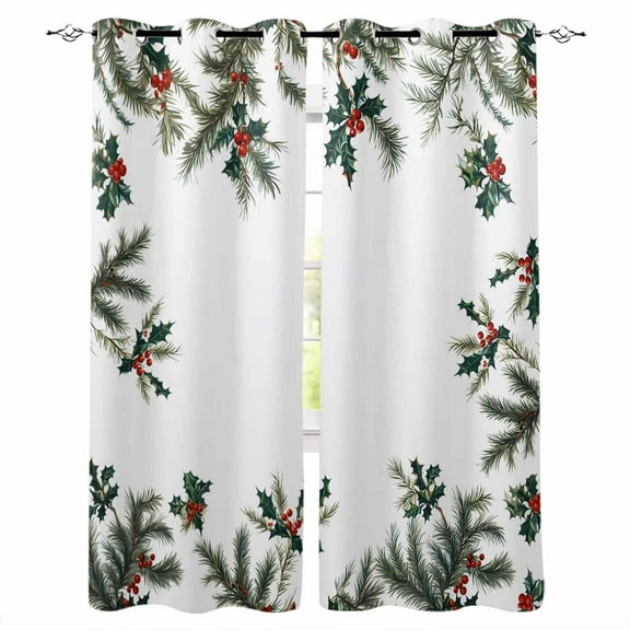 Hokiten Christmas Blackout Curtains | Light Blocking Print Window Curtains, Green Xmas Botanical Berry Thermal Insulated Window Drapes for Living Room Kitchen Cafe (2 Panels, 104"W x 63"L)
