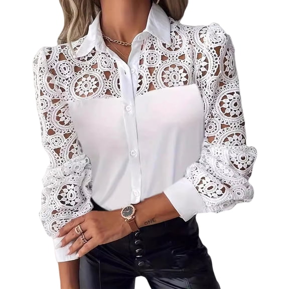 Women'S Lace Crochet Mock Neck Long Sleeve Button Elegant Blouse Shirt Top White XXL