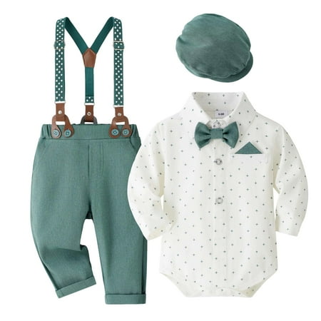 TBWNWG Little Gentleman formal Baby Boy Toddler Dress Up Outfit Set With Hat And Suspenders for Size 12-18 Months