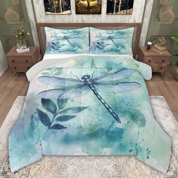 jejeloiu Cute Dragonfly Twin Comforter Sets,Blue Splatter Ink Bedding Set For Girls Teens Reversible 2 Pieces