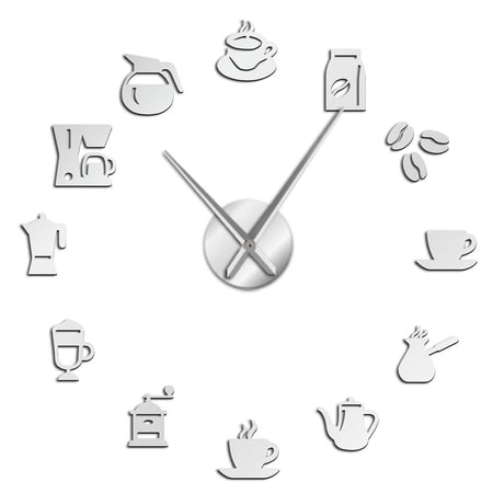 Coffee Shop Frameless Wall Clock Stickers, DIY Modern Decorative Clocks for Living Room, Bedroom, Office - Easy to Install, Large 3D Clock Design (Silver,27in)