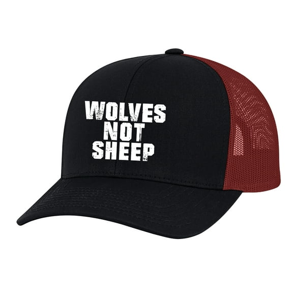 Men's Wolves Not Sheep Patriotic Embroidered Mesh Back Trucker Hat, Black/Red