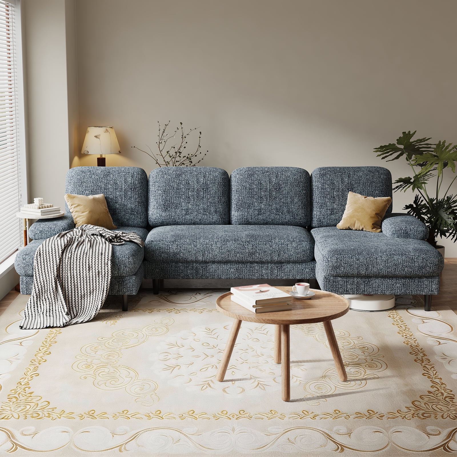 CONCETTA U Shaped Sectional Sofa Couches with Double Chaise 4-Seat Set, Chenille Fabric Cushion for Living Room Home Furniture, Dark Grey