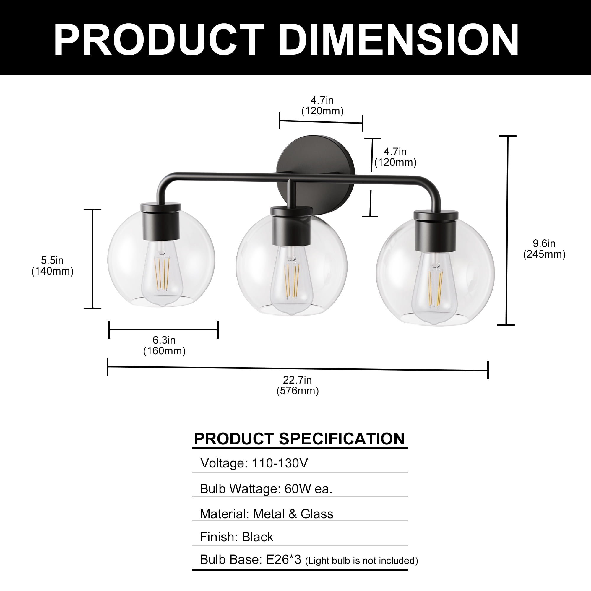 YANSUN 22.7 in 3 Light Vintage Industrial Triple Globe Vanity Light, Matte Black  Wall Sconce with Glass Shades for Bathroom Mirror, Makeup Vanity
