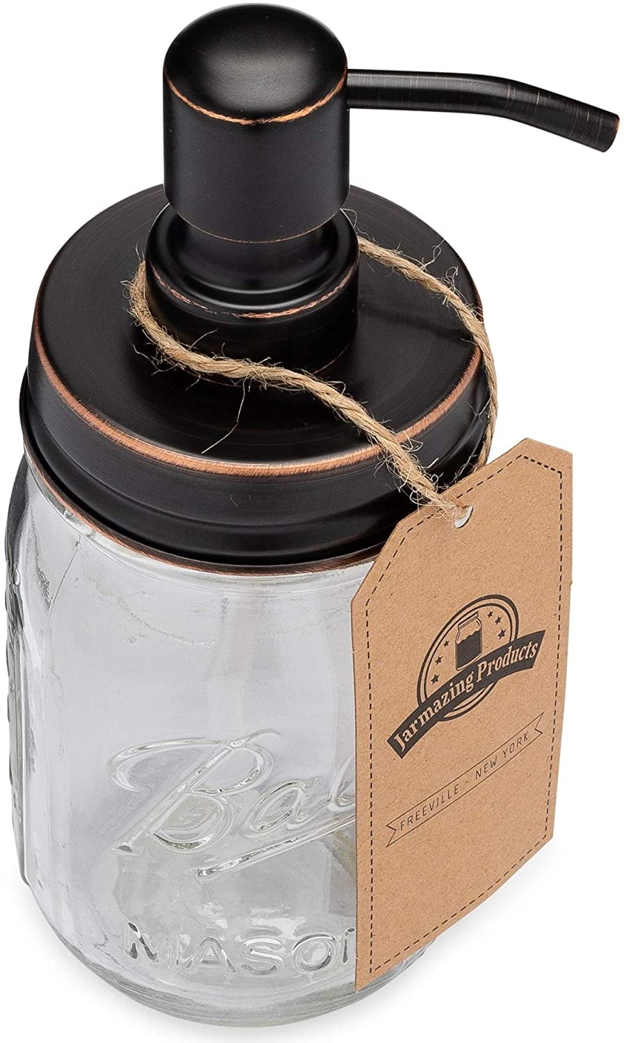 Jarmazing Products Classic Farmhouse Mason Jar Soap Dispenser - Oil-Rubbed Bronze - With 16 Ounce Ball Mason Jar