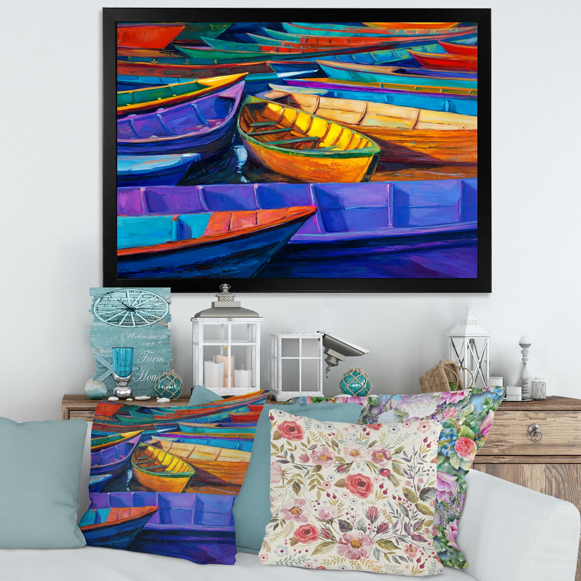 Boats During Warm Sunset Resting On The Water II 32 in x 16 in Framed Painting Canvas Art Print, by Designart