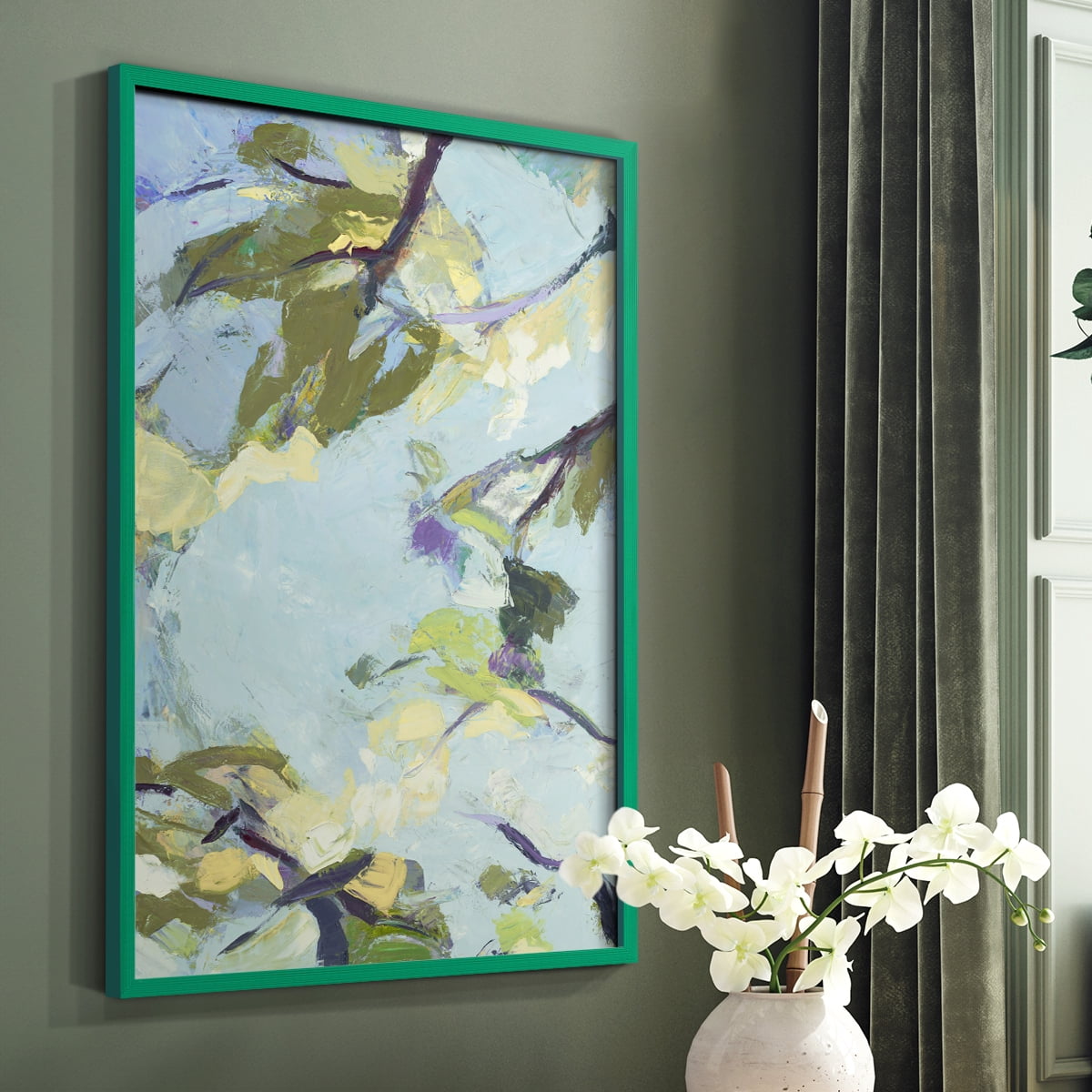 Aqua Sky Framed Print in Green Solid Wood Framed Print No Nail Hanging