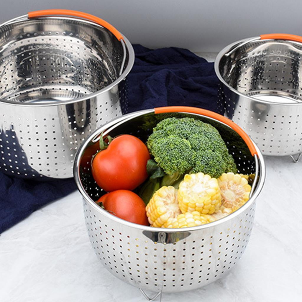 WE-POLUJ Kitchen Stainless Steel Steamer Basket with Silicone Covered Handle for 3/6/8 Quart Pressure Cooker Insert Accessories Vegetable Cleaning Drainer