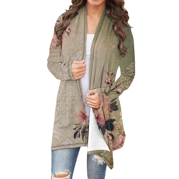 Cárdigan informal de manga larga para mujer, con estampado de manga larga, chaqueta tipo cárdigan, abrigo para mujer