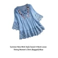 thumbnail image 3 of Top Vintage Qarigey para mujer blusa con cuello en V azul, 3 of 6