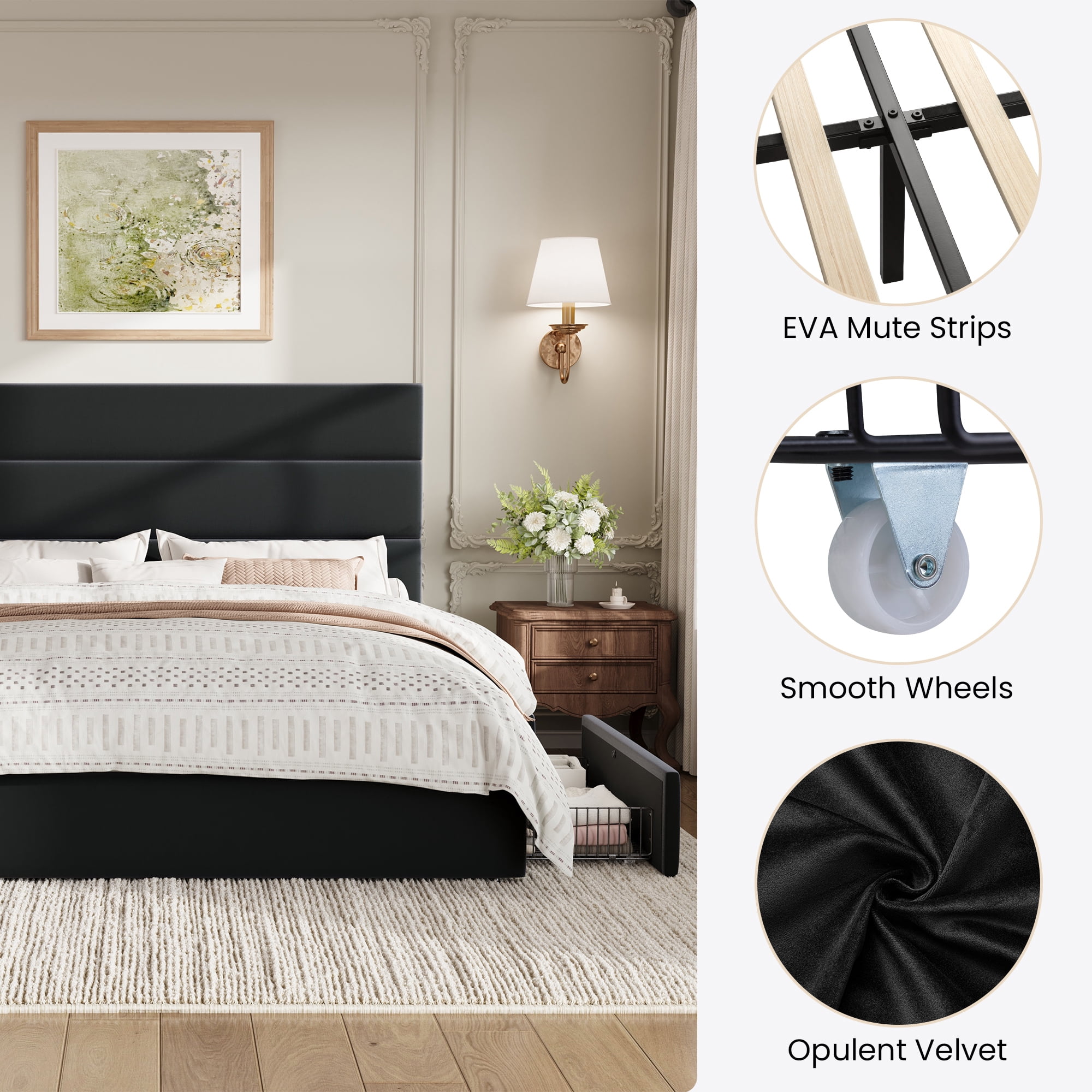Sha Cerlin Full Size Platform Bed Frame with 4 Storage Drawers, Velvet Upholstered Headboard, Black