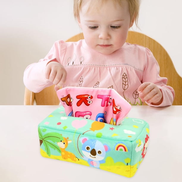 Caja de pañuelos de peluche para bebé, juguete sensorial, juguetes de desarrollo para bebé juguetes de actividad, juguetes educativo regalos de mapache verde Hugo Juguetes Educativos
