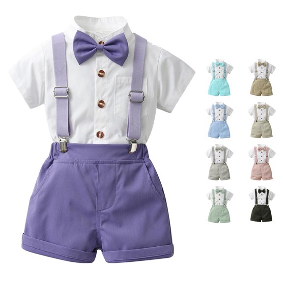 FYDUU Baby Boy Clothes Suit Toddler Boys Gentleman Outfits Summer Short Sleeve Dress Shirt Tops Bowtie Suspenders Shorts Set 18-24 Months