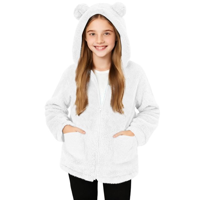 Abrigo de invierno para niños con forro polar de color liso, manga larga, capucha y cremallera, bonita blusa abrigada con bolsillo grande para niñas, top de poliéster