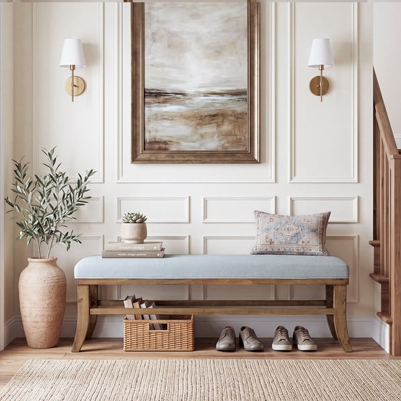 Finmind Upholstered Entryway Bench, 55 inch Solid Wood Linen Bedroom Bench with Curved Solid Pine Wood Leg with Cushion for Entryway, Light Gray