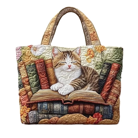 Vintage Embroidered Cat Canvas Shoulder Bag Large Capacity Quilted Handbags for Women Daily Shopping Travel Tote