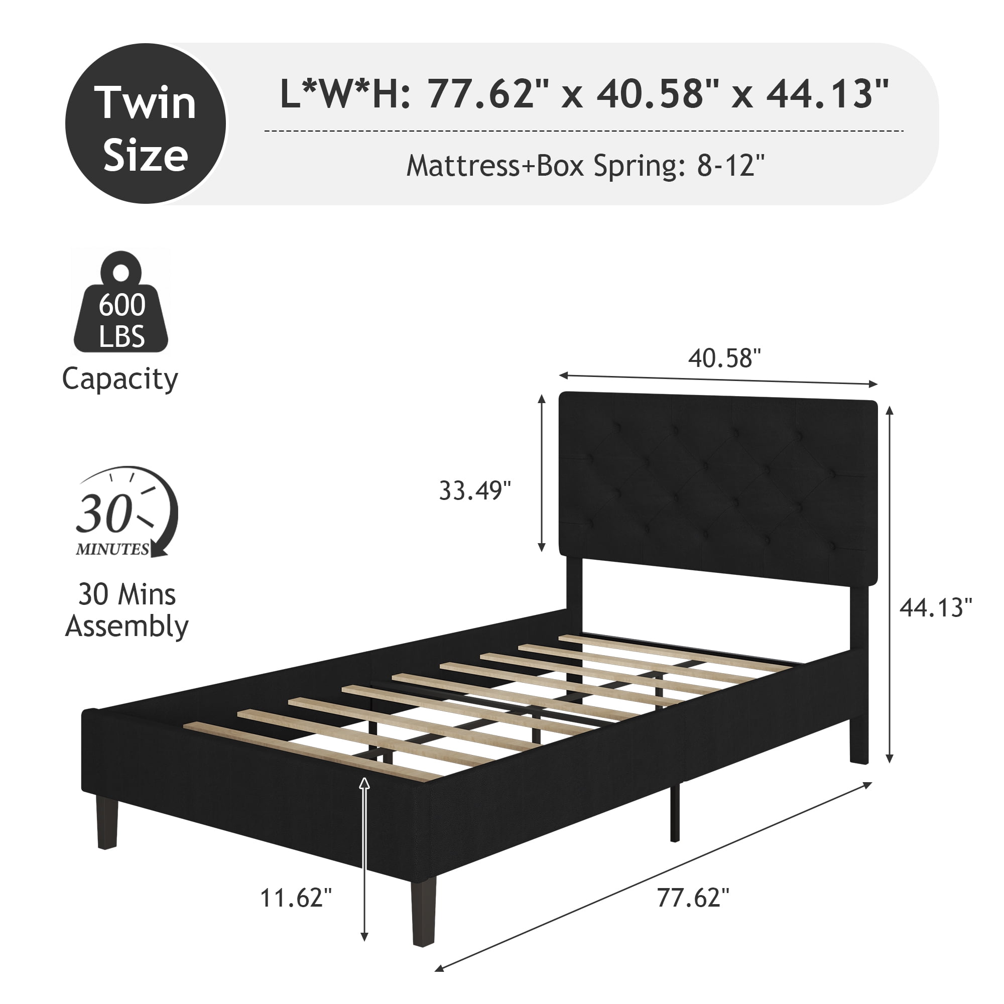 4 Ever Winner Modern Upholstered Twin Platform Bed Frame with Button Tufted Headboard, Black