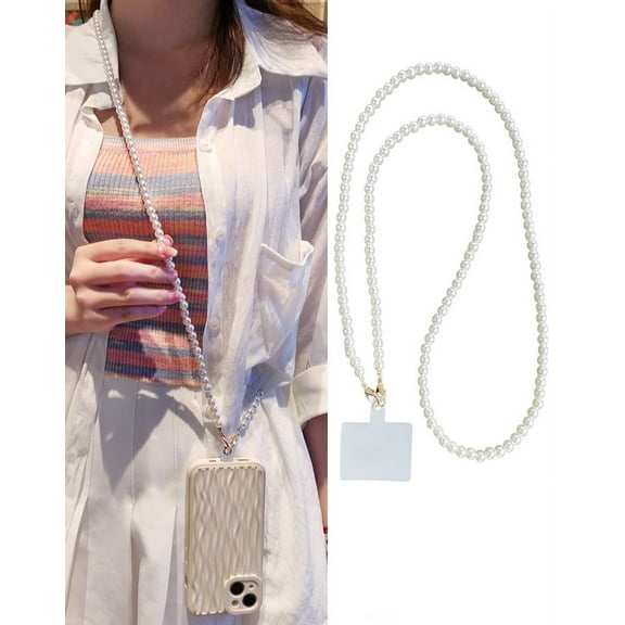 Pearl Beaded Phone Strap with Detachable Clip, Cross-body and Neck Hanging, Long Chain for Women
