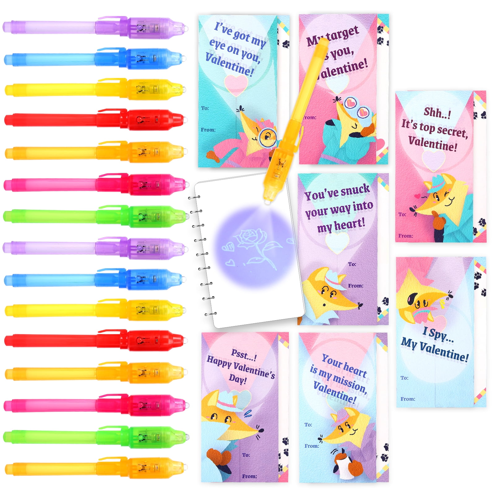 32 Pack Valentines Invisible Ink Pen with UV Black Light Secret Spy Pens  Magic Disappearing Ink Markers School Supplies Kids Party Favors Valentines