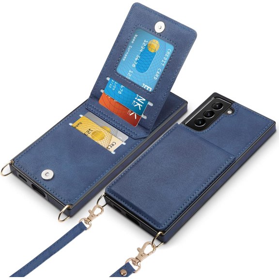 Galaxy S21 FE Case Wallet Card Holder Leather PU Flip Cover Folio Lanyard Crossbody Strap Women Girl Magnetic Clasp Kickstand Heavy Duty Protective Bumper Armor for Galaxy S21 fe Navy
