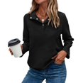 thumbnail image 3 of Womens Casual Textured Long Sleeve Henley Button V Neck Loose Pullover Trendy Fall Outfits Tops Black S, 3 of 7