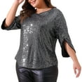 thumbnail image 2 of DARING DIVA Women's Plus Glitter 3/4 Sleeve Sparkle Sequin Blouse 3X Black, 2 of 6
