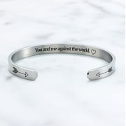 You And Me Against The World Cuff Stainless Steel Bracelet in Silver Tone