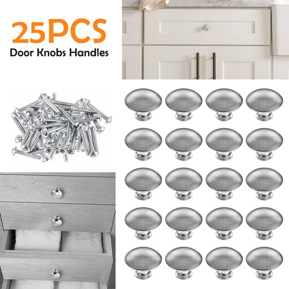 JTWEEN 25 Pack Cabinet Hardware Round Knobs Silver Kitchen Mushroom Brushed Nickel Knobs, Cupboard Knobs with Screw, Door Handle Pull for Bathroom Drawer, Diameter 1-1/8 inch (25 Pack)