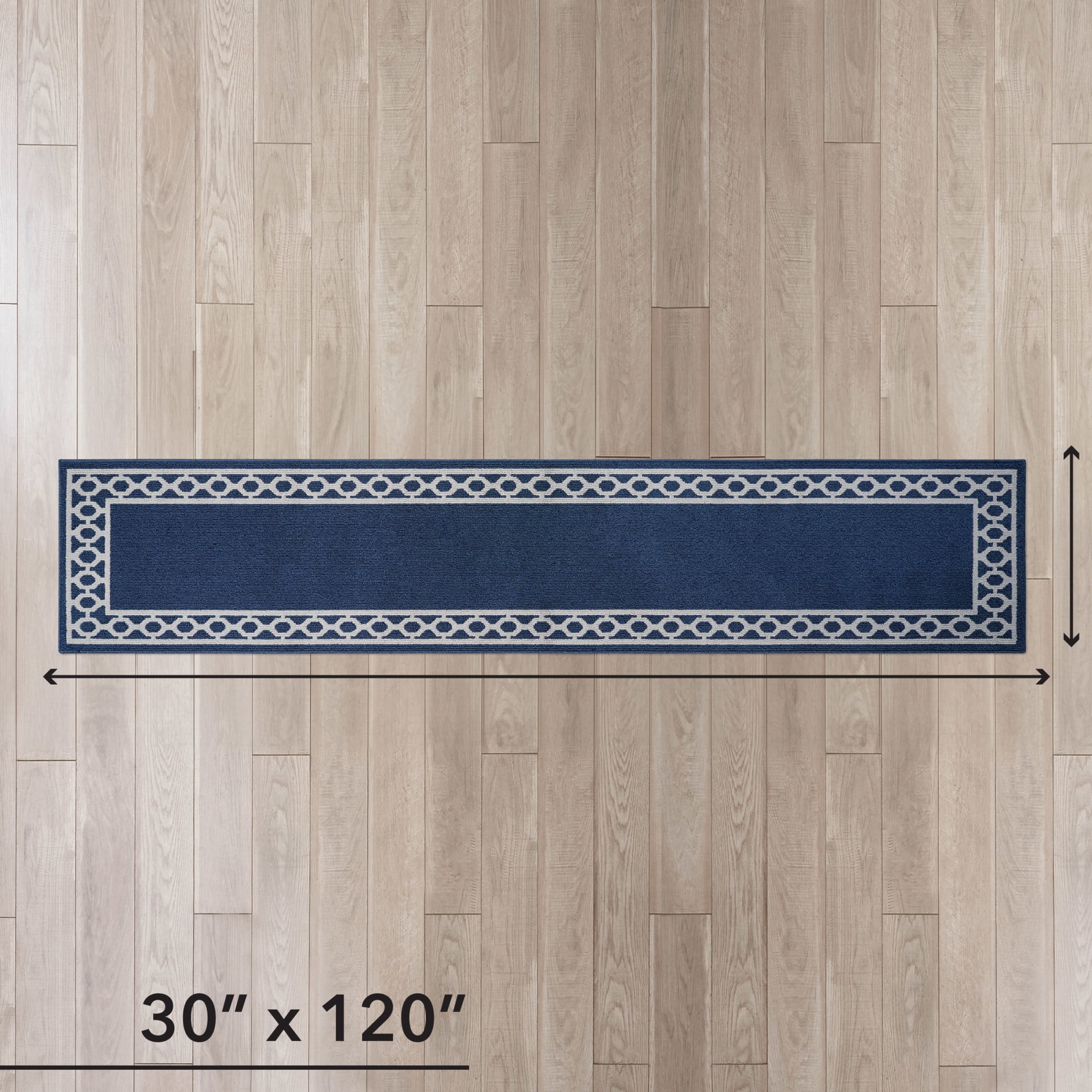 Washable Skid-Resistant Runner Rug, Trellis Border , Denim Twist and Light Grey , 30 " x 120"