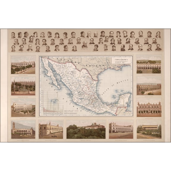 24"x36" Gallery Poster, political map of mexico 1885