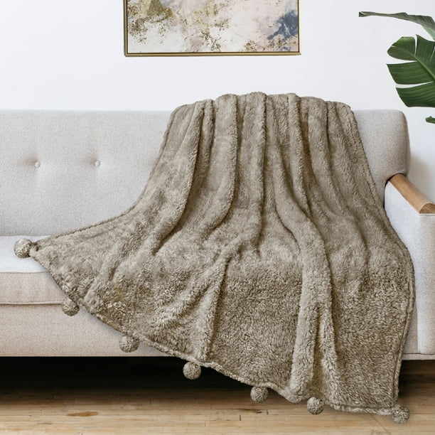 Pavilia Tan Taupe Sherpa Throw Blanket With Soft Pom Pom Fringe Plush Cozy Warm Blankets For Couch Bed Sofa Fuzzy Fleece Throw With Pompom Lightwei