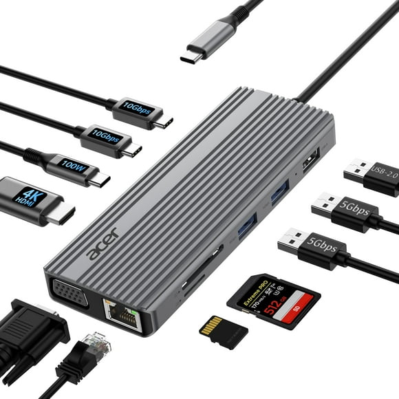 Hub USB-C 11 en 1 Acer con HDMI 4K y PD 100W Ethernet
