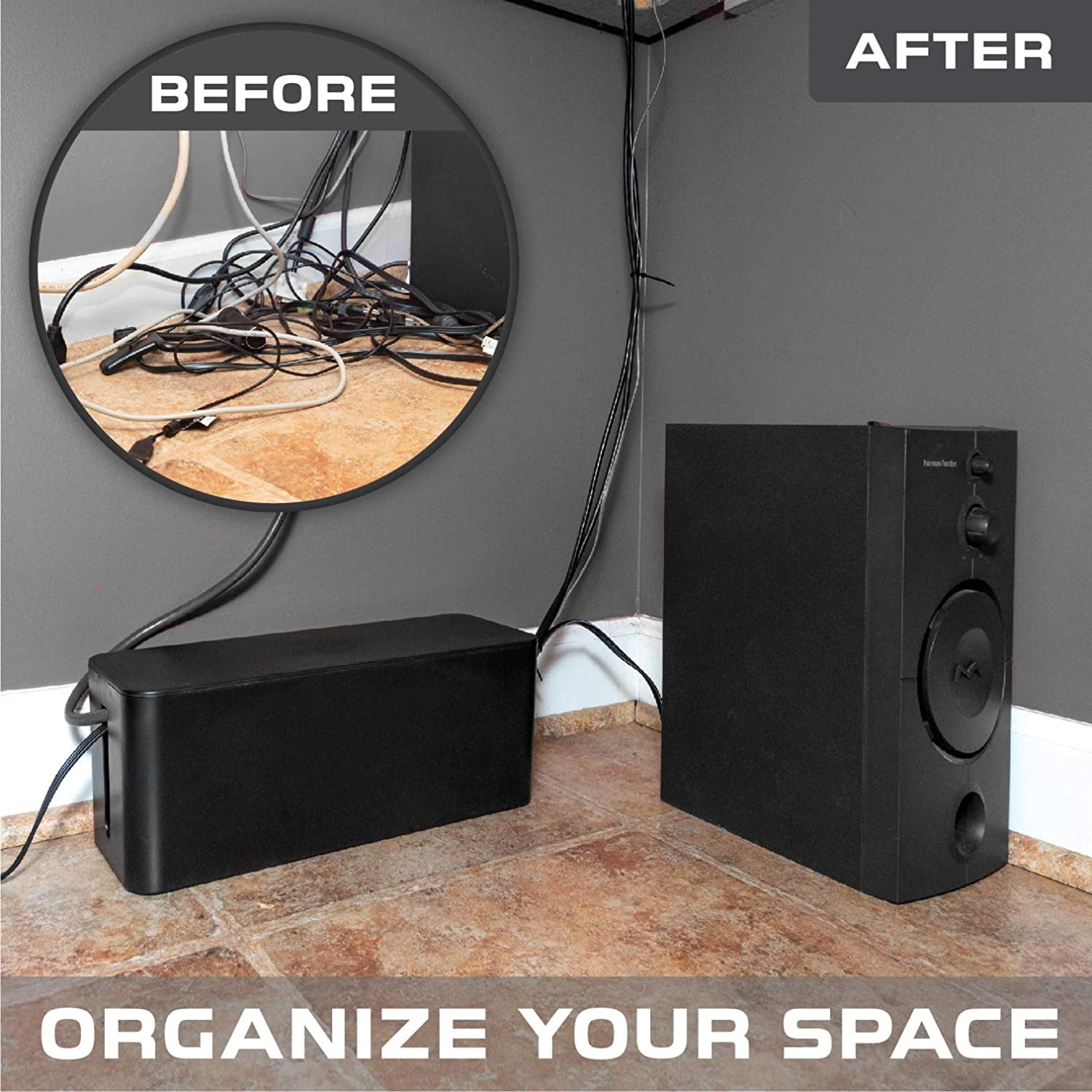 Iron Forge Cable Large Cable Management Box - Black Cord Organizer and Hider for Wires, Power Strips, Surge Protectors & More - Includes Cable Sleeve, Hook and Loop Keepers, Zip Ties & Clips