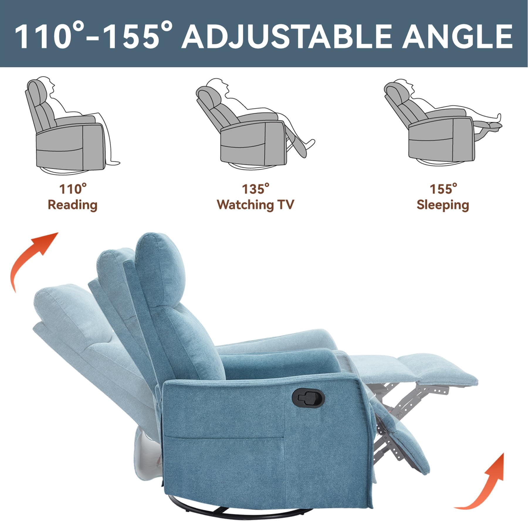 CARZZI Massage Chair Recliner with Heat, Swivel Rocking Chair Recliner with High Back, Manual Lazy Boy Recliners for Adults,Small Recliner Chair for Small Spaces, Living Room Bedroom, Fabric (Blue)