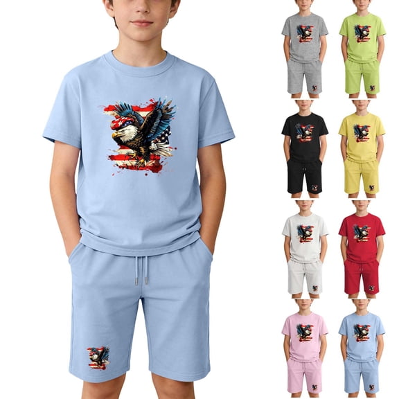 Afuyipoi Kids Casual Independence Day Summer Clothes Set (4-14 Years) Cotton Short Sleeve July 4th Top and Shorts 2-Piece Outfit Light Blue 5/6