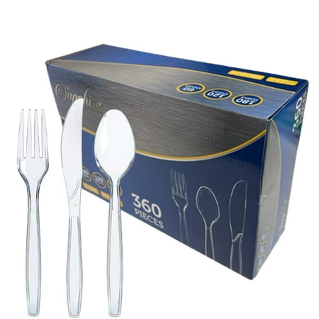 

VeZee s Sapphire Settings Durable Flatware Clear Disposable Fancy High quality 360 Pcs/Box Utensils Set|Box Include: 60 Knives 180 Forks & 120 Spoons| 1 Box