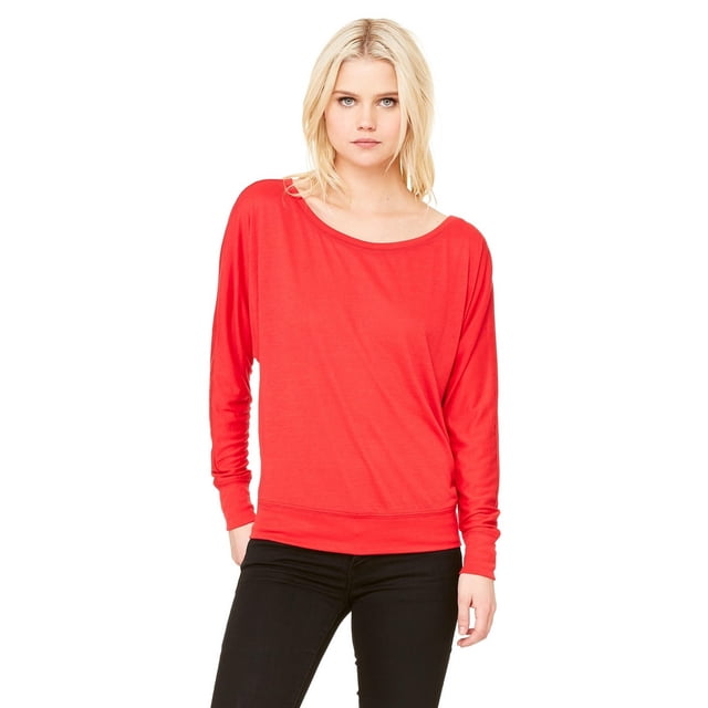 The Bella + Canvas Ladies Flowy Long Sleeve Off Shoulder T-Shirt - RED - S