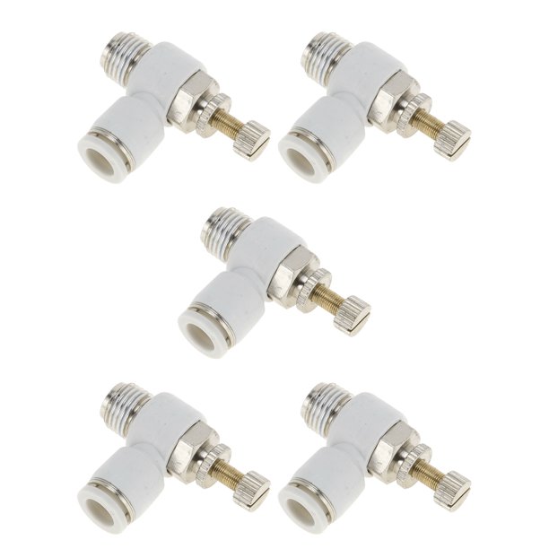Válvula de control de flujo de aire de 90 grados de conector de empuje Unique Bargains 5/16" Plástico Metal 1/4" BSPT 5 Pcs tono blanco plateado