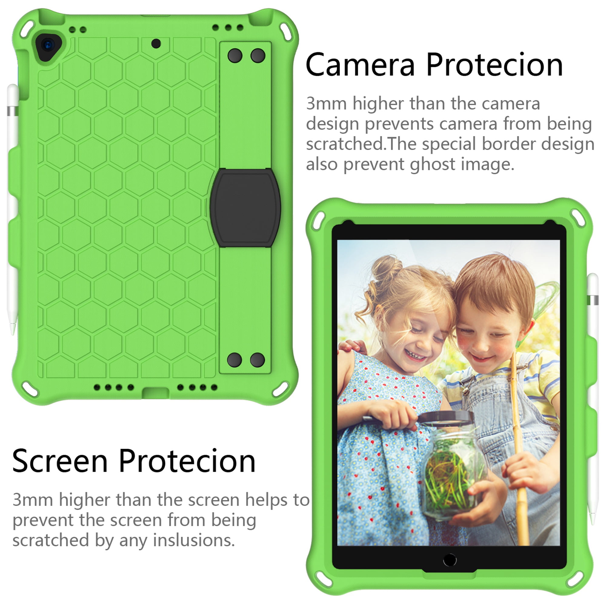 Dteck iPad 10.2 2021 Case with Adjustable Shoulder Strap, Kids Case for iPad 9th Gen/iPad 8th Gen/iPad 7th Gen, Heavy Duty Rugged Kickstand Case with Hand Strap & Pencil Holder, Green
