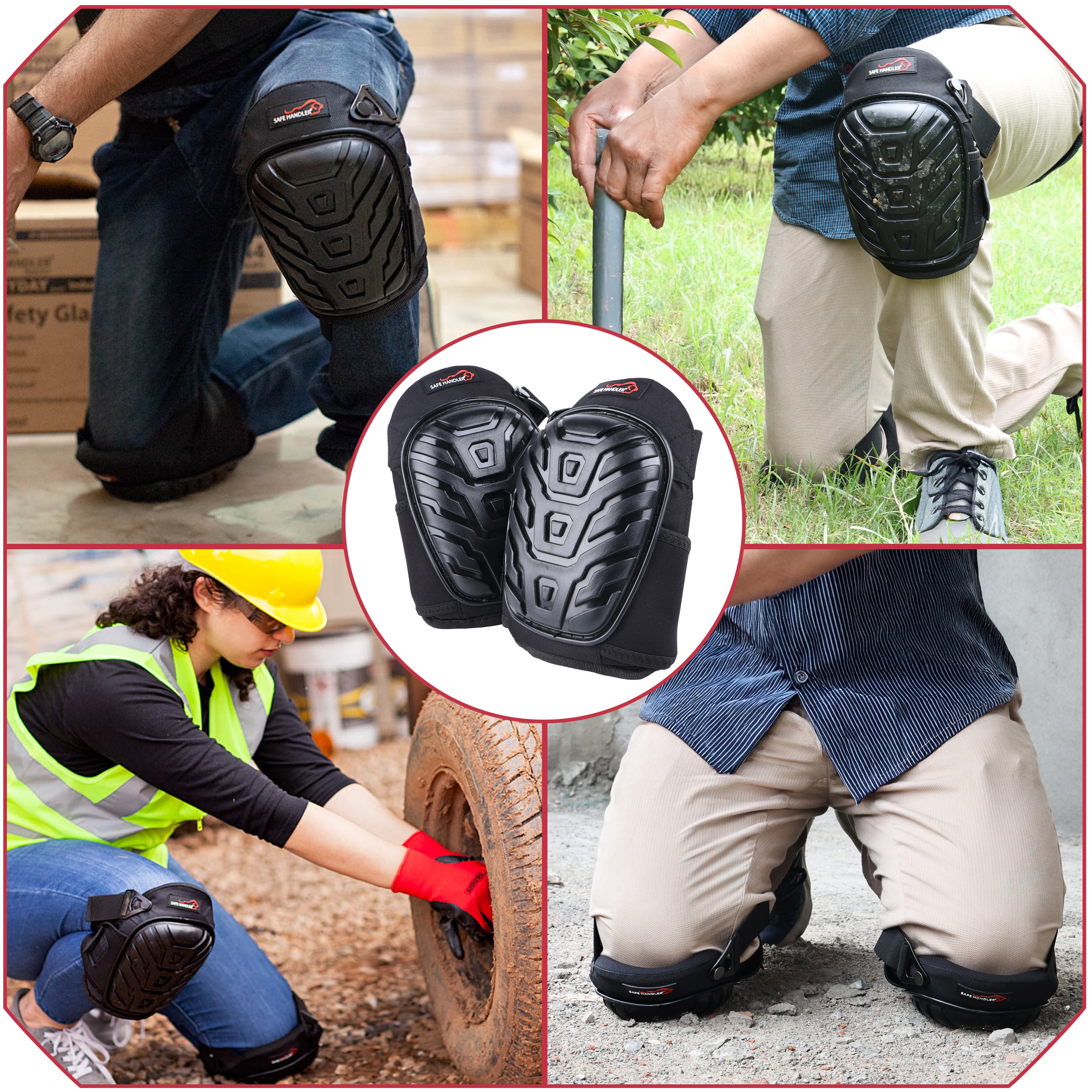 Safe Handler Professional Crystal Gel Knee Pads for Work with Soft EVA Foam and Gel Cushion — Heavy Duty Tough Cap, Reinforced Adjustable Buckle Straps