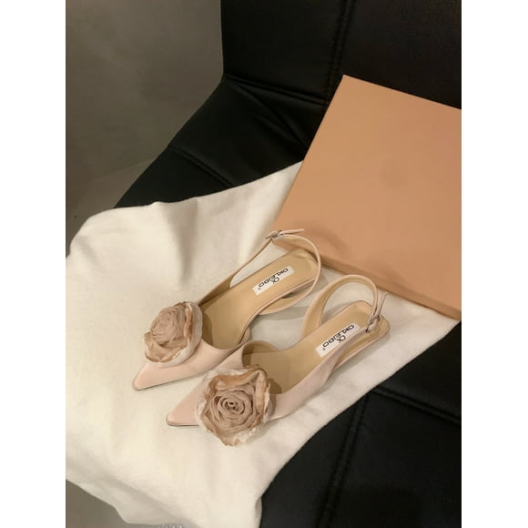 New Flower Designer Sandals Women Elegant Satin Mule Shoes Summer Pointed Toe Pumps Low Heel Flowers Slingback Sandals Female