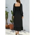 thumbnail image 3 of Solid Color Square Neck Shirred Maxi Dress Above Ankle Length Black Small, 3 of 3